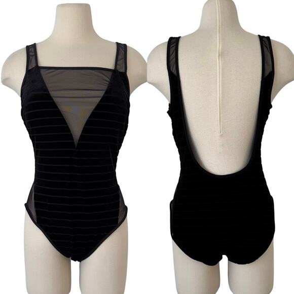 Kenneth Cole One Piece Swimsuit Shape Enhancer Velvet Striped Mesh Black XL NWT - Picture 1 of 12